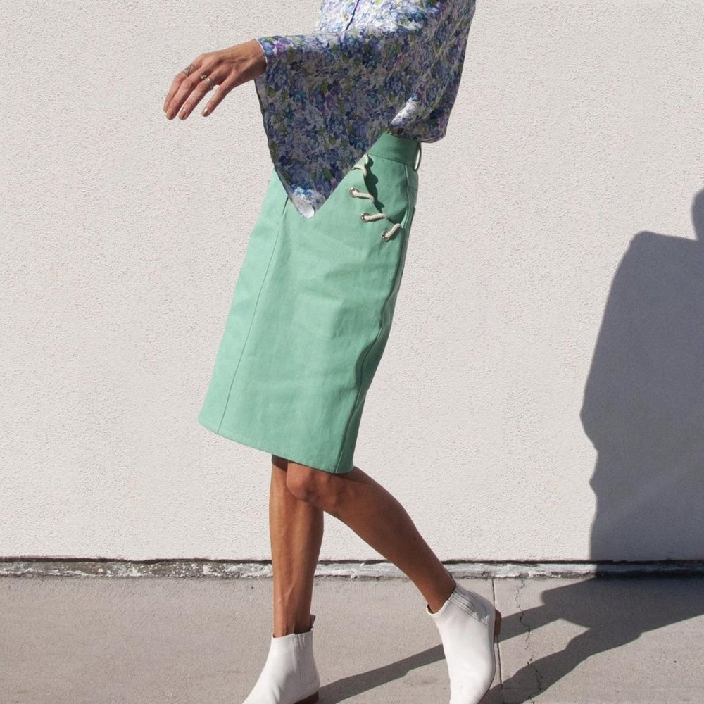 💚 WALK OF SHAME High Waisted Denim Pencil Skirt in Mint Green from Need Supply - Picture 2 of 10
